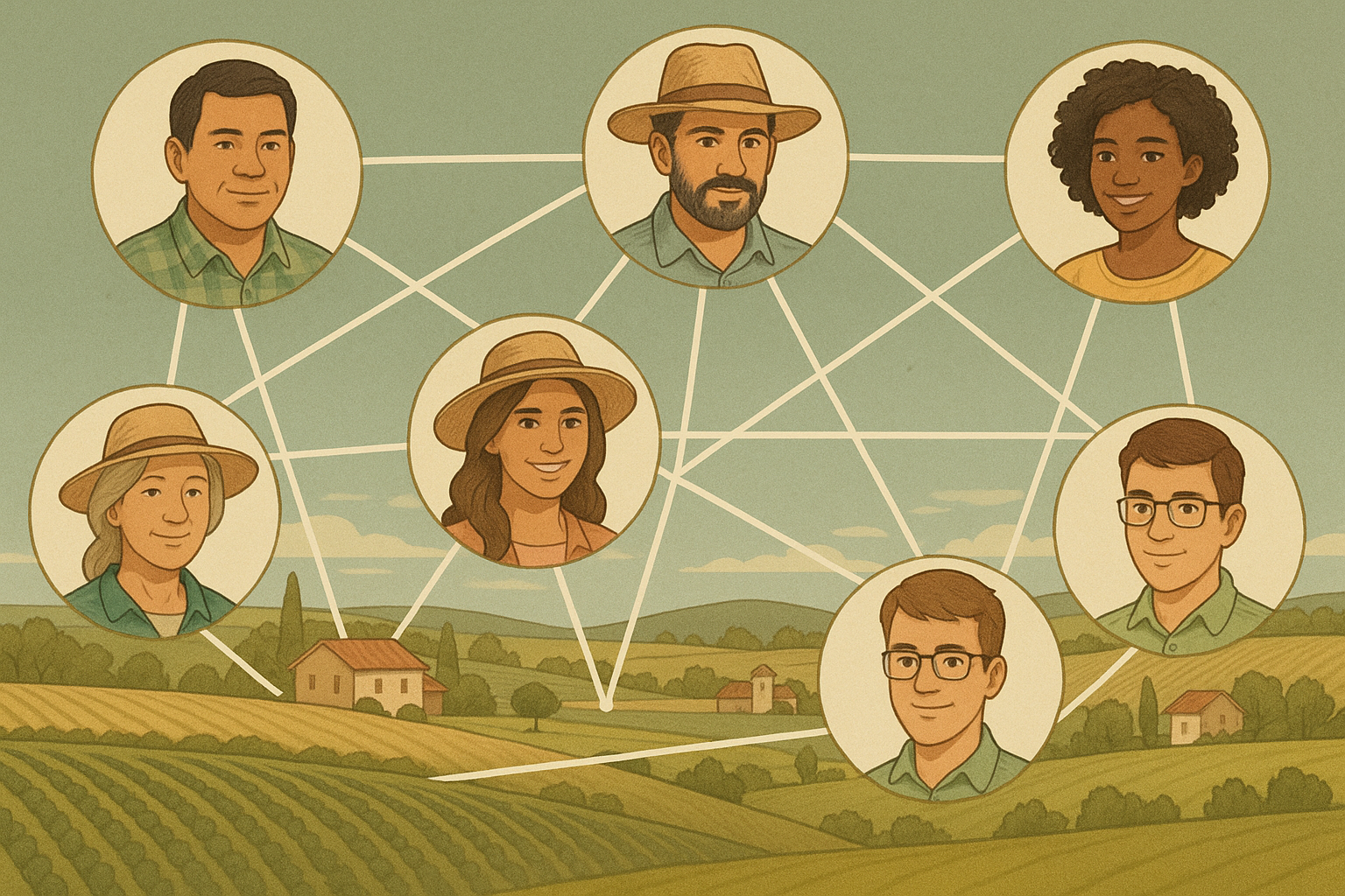Rede conectando pessoas no campo
